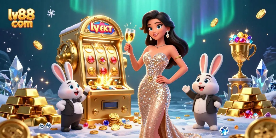 Experience excitement with lv88 com, featuring stunning woman and jackpot machine in a vibrant scene.