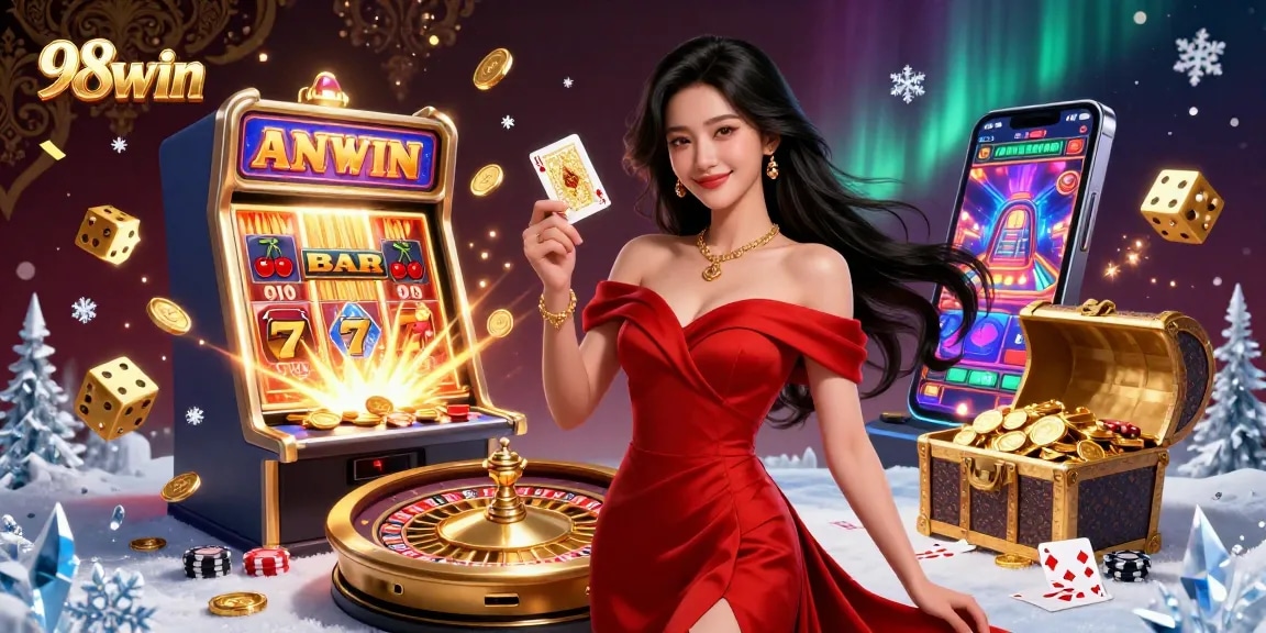 Experience the thrill of 98win with a beautiful Asian dealer at a roulette wheel, surrounded by excitement.