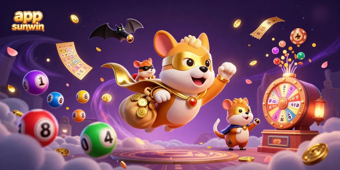 Play exciting games with app sunwin, featuring a superhero dog and golden goodies in a colorful casino world.