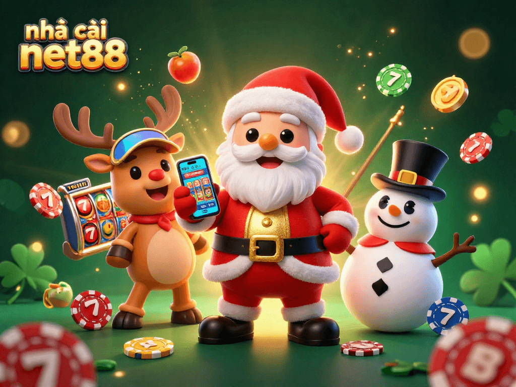 Experience the excitement of nhà cái net88 with dynamic slot symbols, Santa and friends in a vibrant casino scene.