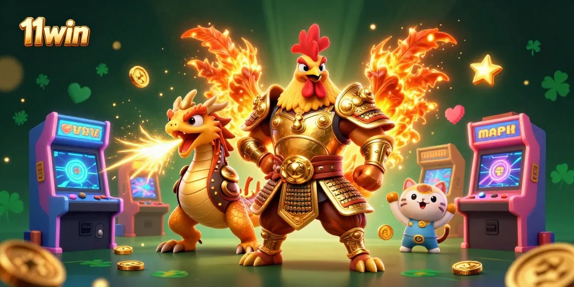 Join the excitement at 11win with a dynamic battle scene featuring a rooster warrior and a dragon hatchling!