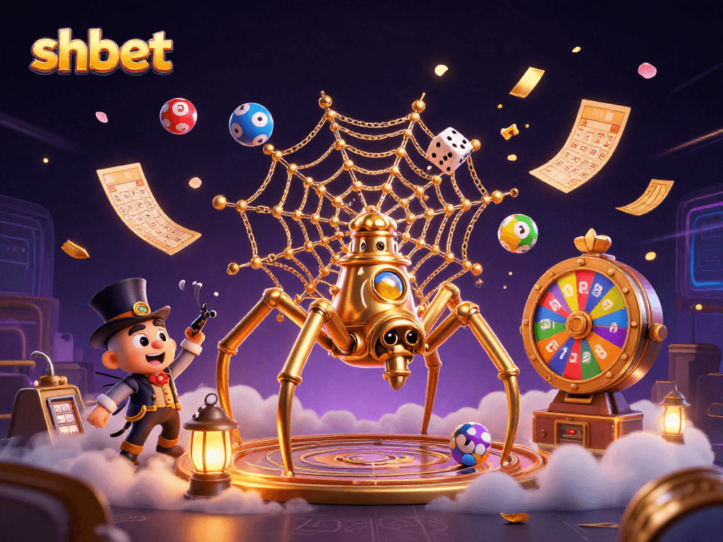 Engage with shbet's golden gaming universe featuring a steampunk spider in a vibrant lottery scene.