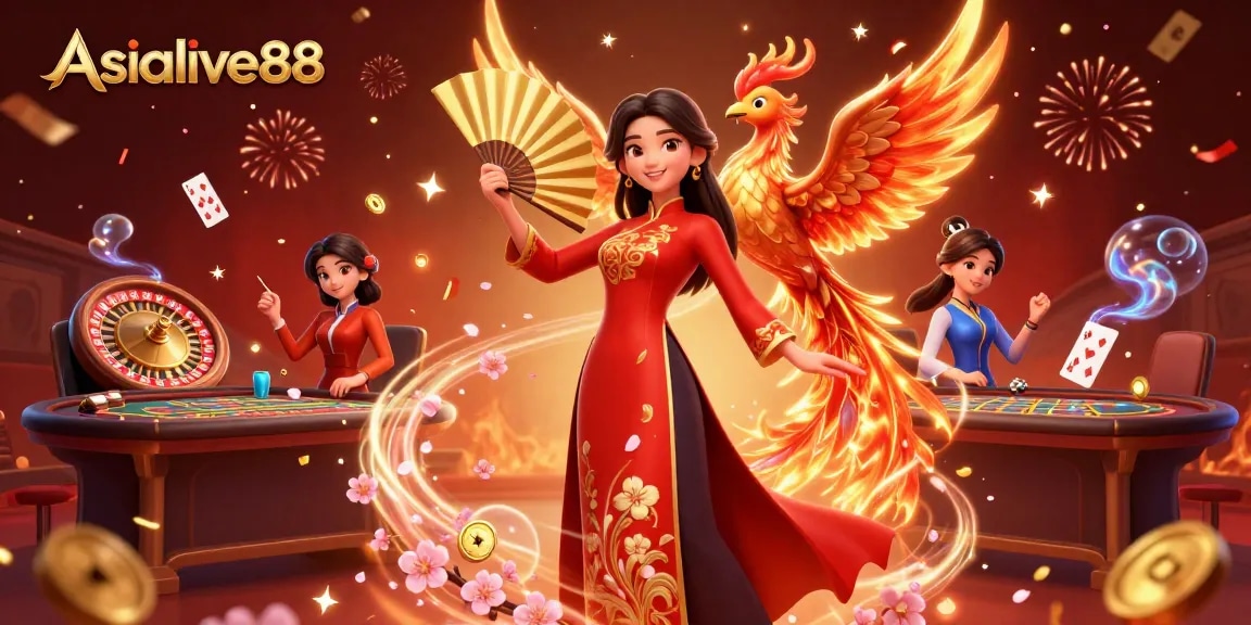 Experience the thrill of live casino action with Asialive88 featuring a stunning ao dai woman and gaming elements.
