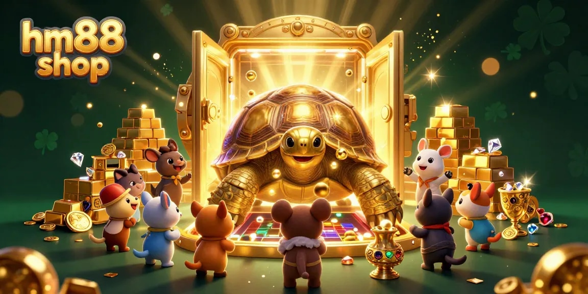 Join the fun at hm88shop with a lively illustration of a playful golden tortoise, surrounded by treasures and excitement.