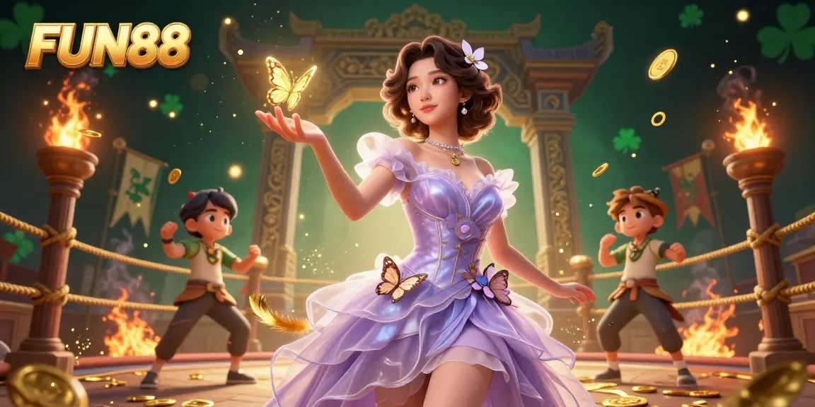 Engage with FUN88 as a stunning Asian woman with butterflies invites you into a magical betting world filled with gold coins and exciting games.