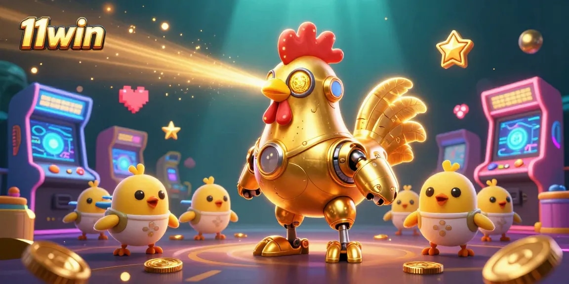 Experience thrilling gaming adventures with the 11win golden rooster robot shooting lasers in a vibrant casino scene.