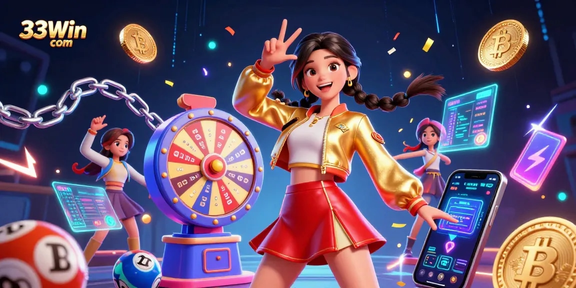 Win big with 33Win com in this vibrant casino illustration featuring lottery balls and prize wheels.
