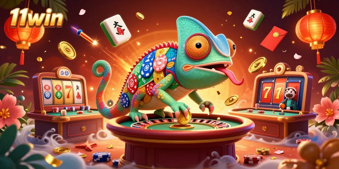 Experience thrilling gameplay at 11win with vibrant chameleon casino owner and game elements.