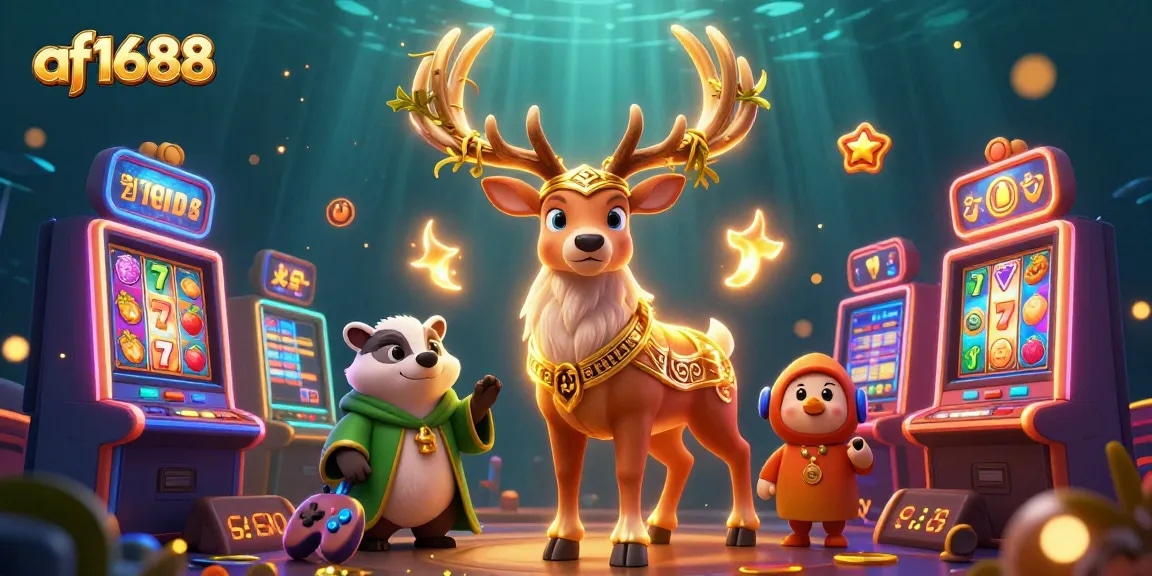 Experience high-stakes fun with af1688 in this vibrant 3D casino scene featuring colorful slot elements.