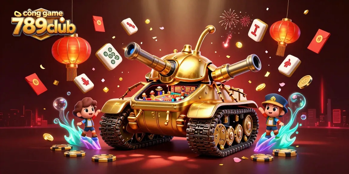Experience the thrill of cổng game 789club with a vibrant casino adventure illustration featuring golden beetle tank and festive game elements.