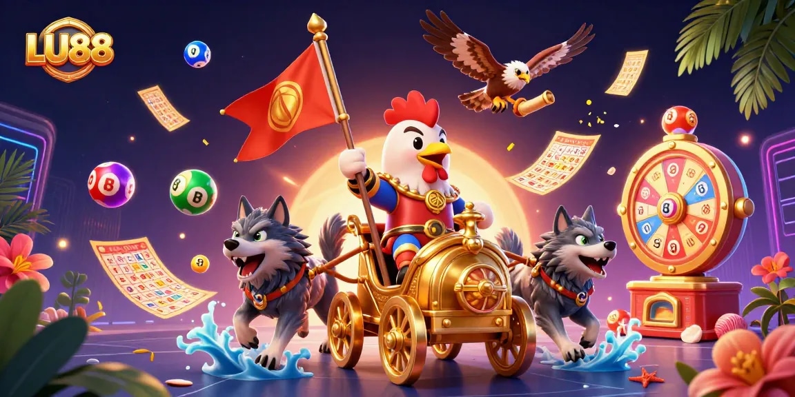 Experience vibrant gaming with LU88, a dynamic scene of a rooster warlord amidst colorful lottery elements and thrilling casino visuals.