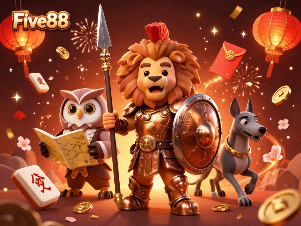 Experience the excitement of Five88 with a dynamic casino scene featuring vibrant characters and festive elements.