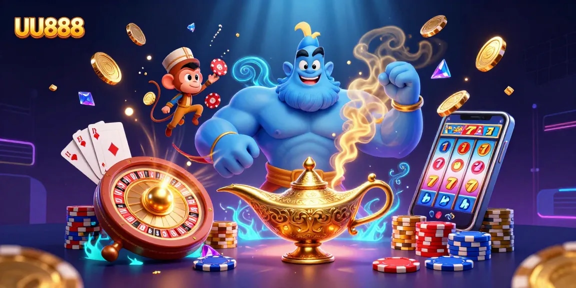 Experience thrilling gaming at UU888 with a powerful genie, flying carpet, and sparkling symbols.