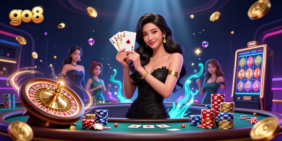 Experience excitement at GO8 Casino with a captivating Asian dealer showcasing winning poker hands in a luxurious setting.