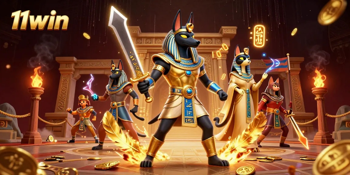 Experience thrilling gameplay at 11win with Anubis and Bastet amidst exciting casino elements.