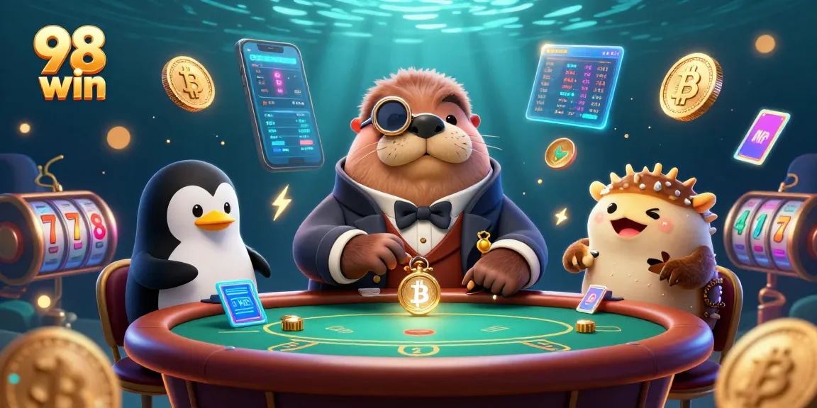 Engage in thrilling gameplay at 98 win with a cartoon walrus, penguin dealer, and pufferfish at an underwater casino table.