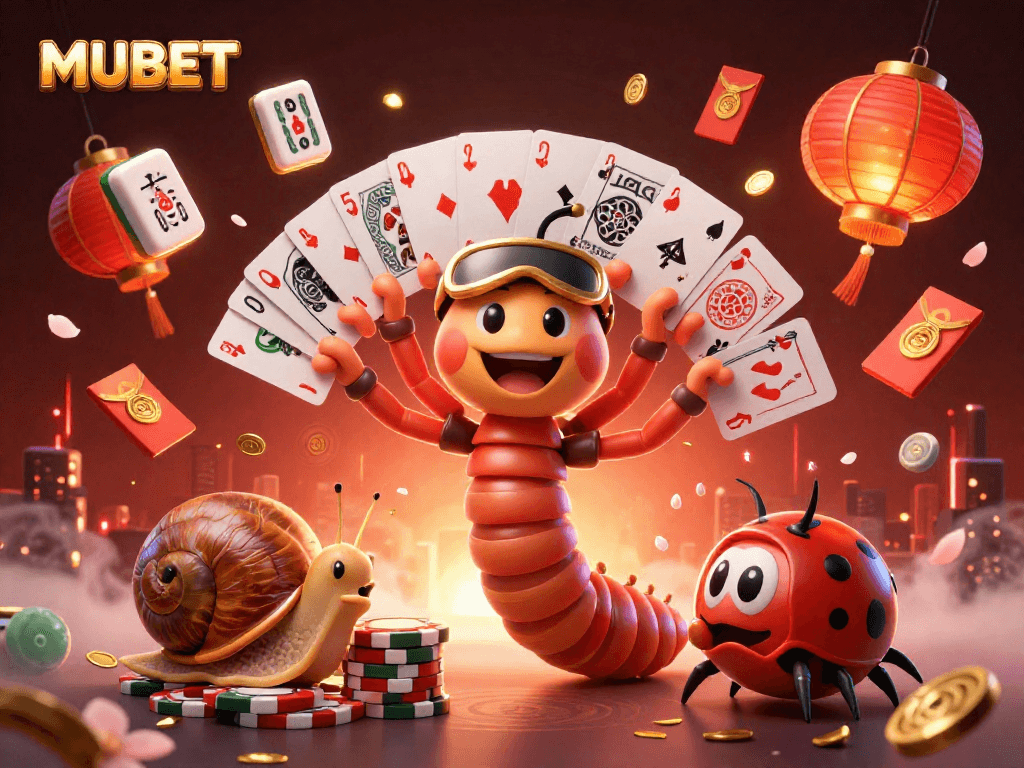 MUBET showcases thrilling gambling action with a colorful dealer and high-rollers in a vibrant casino scene.
