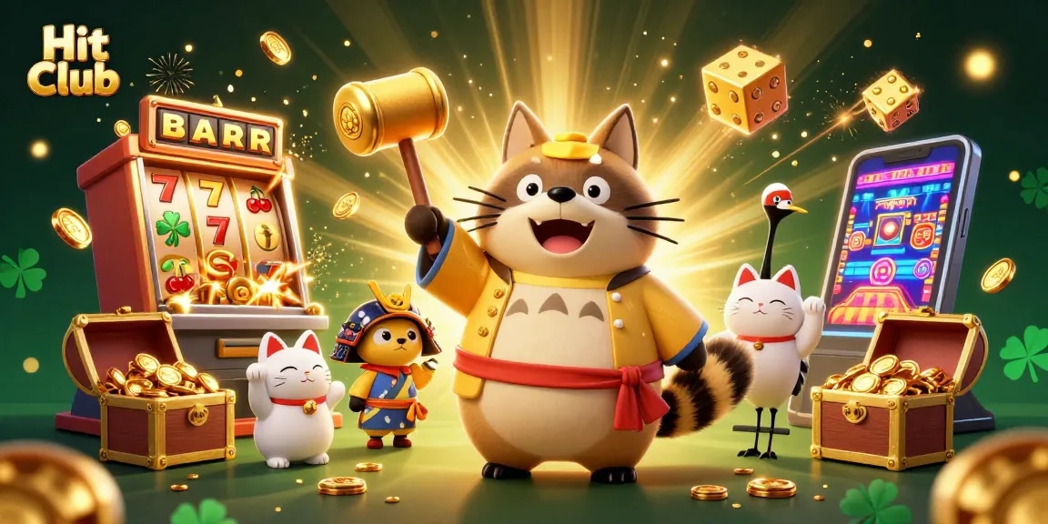 Hit Club brings excitement with cheerful tanuki and vibrant slot game elements, showcasing winning potential.