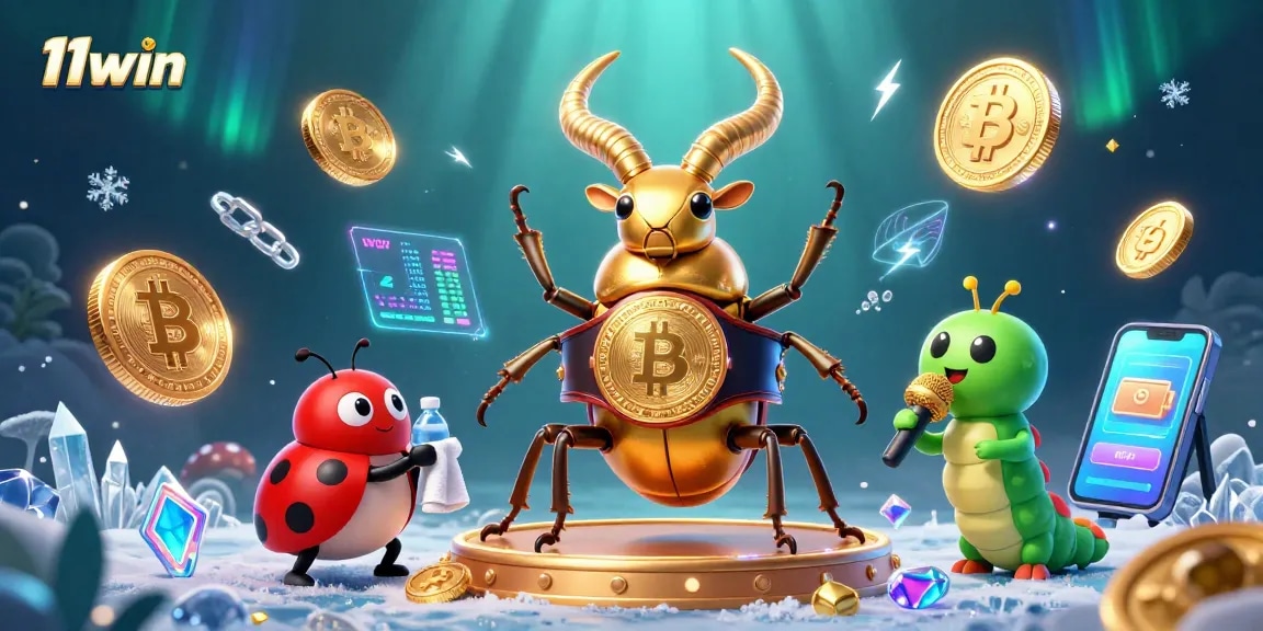 Experience the excitement of 11win with a dynamic 3D illustration of a golden stag beetle in combat.