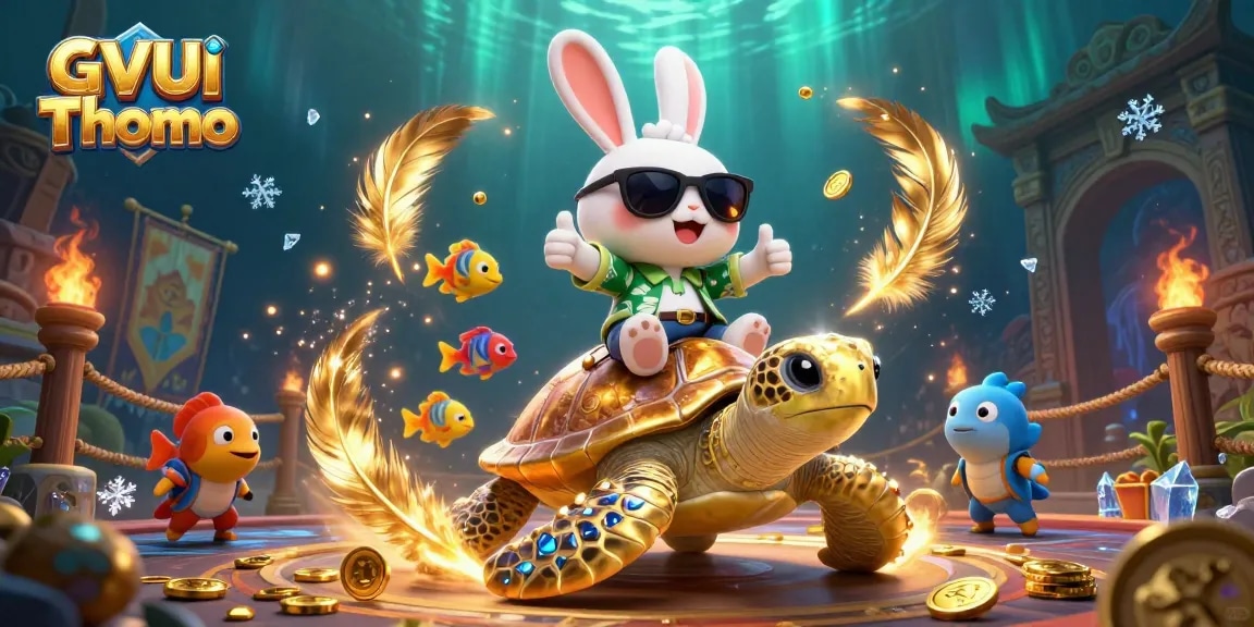 Experience GVUI Thomo excitement with a lucky rabbit and golden turtle in a dynamic underwater scene.