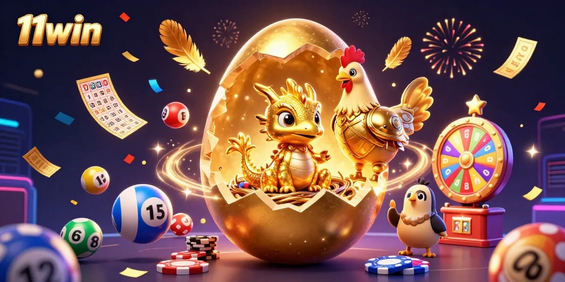 Engage with 11win's vibrant fantasy casino scene featuring a golden dragon and lottery elements.