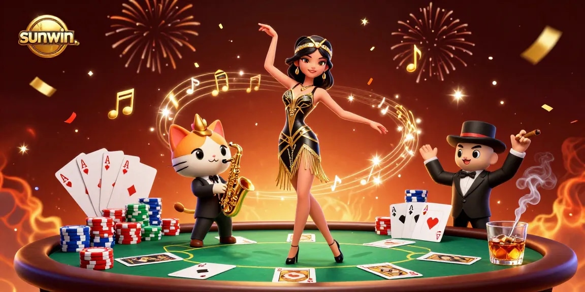 Experience the thrilling excitement of sunwin. as a glamorous woman dances amidst poker chips and confetti.