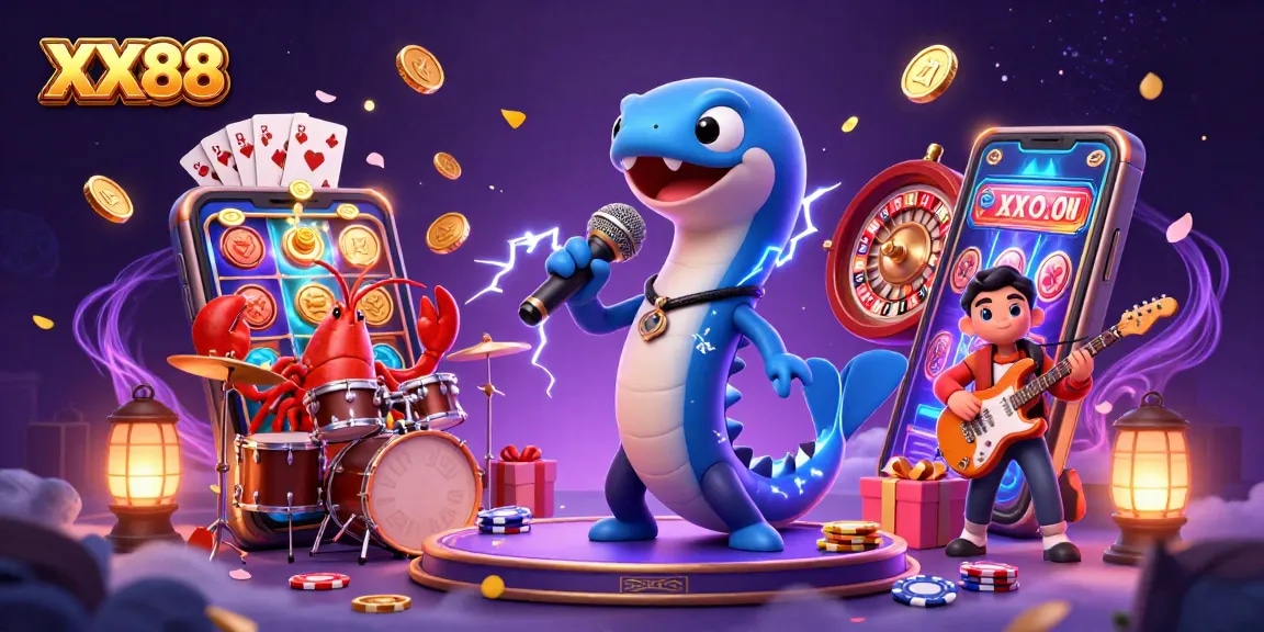 Experience the thrill of XX88 with an electrifying underwater casino scene featuring animated characters and games.