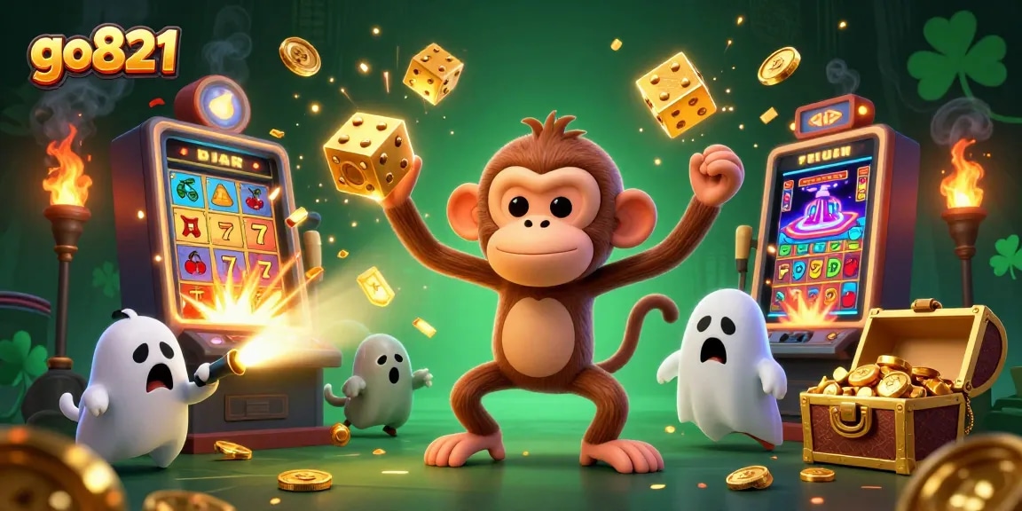 Experience thrilling gameplay with go821: A whimsical poltergeist monkey at a lively casino.
