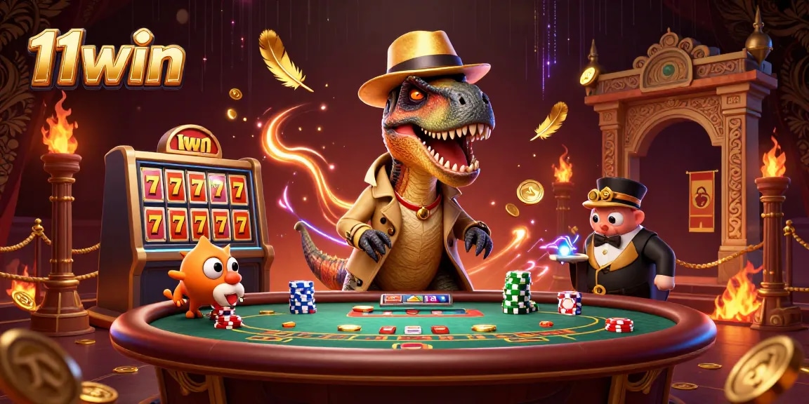 Experience thrilling moments at 11win with a velociraptor at the blackjack table, as a stegosaurus watches closely.