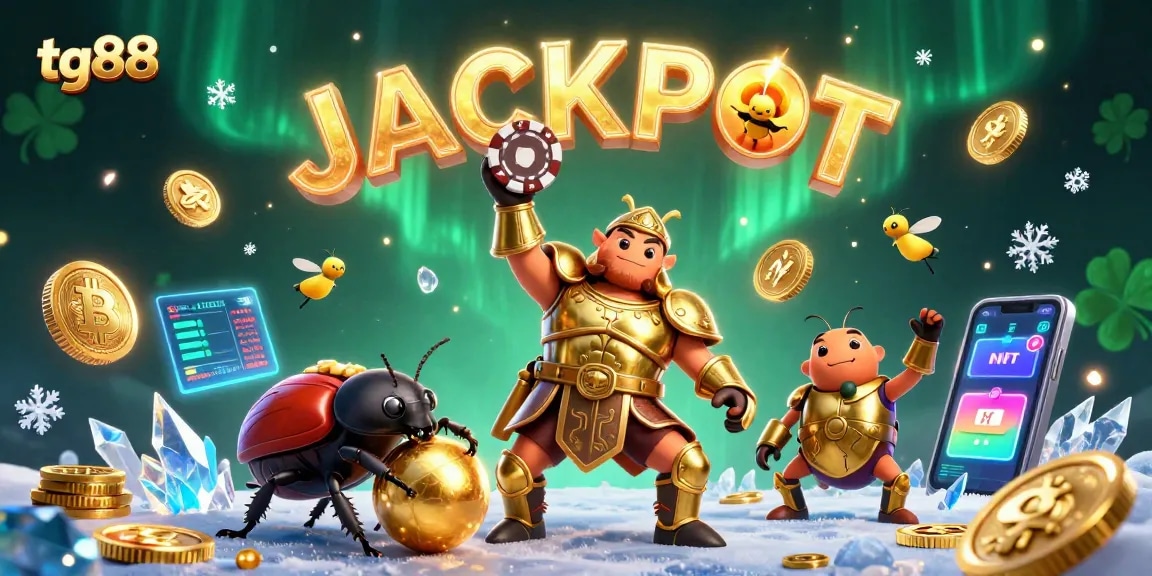 Engage in thrilling gameplay with tg88 as a heroic beetle celebrates a jackpot win amidst dazzling crypto visuals.