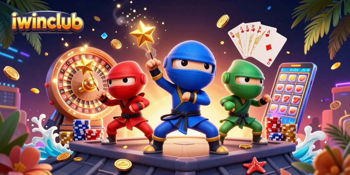 Experience thrilling gameplay at iwinclub with ninja chameleons celebrating amid coins and gems.
