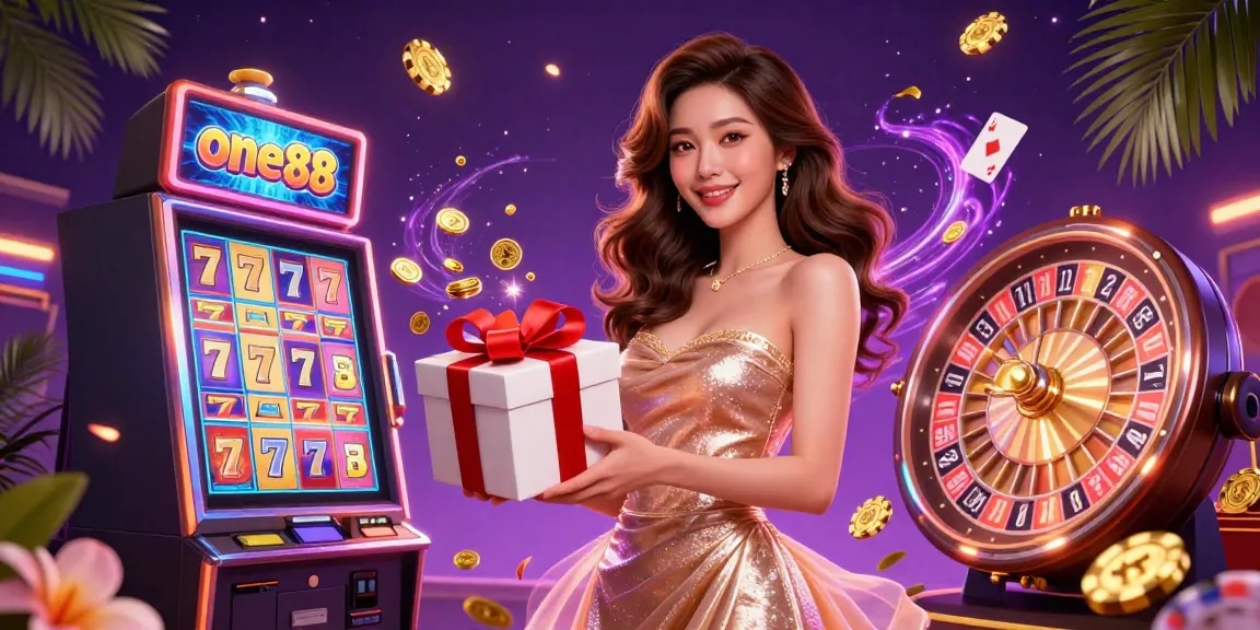 Engage in thrilling casino action with one88, featuring vibrant slot machines and festive atmosphere.