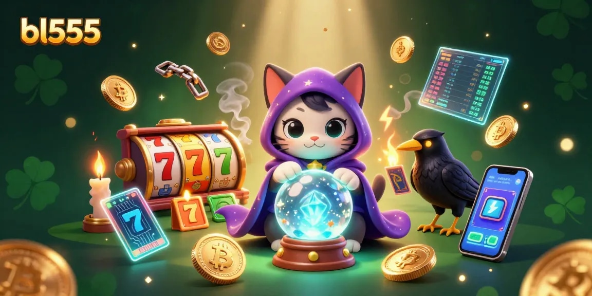 Engage with bl555 in this exciting online casino scene, featuring vibrant slot reels and a mystical fortune teller.
