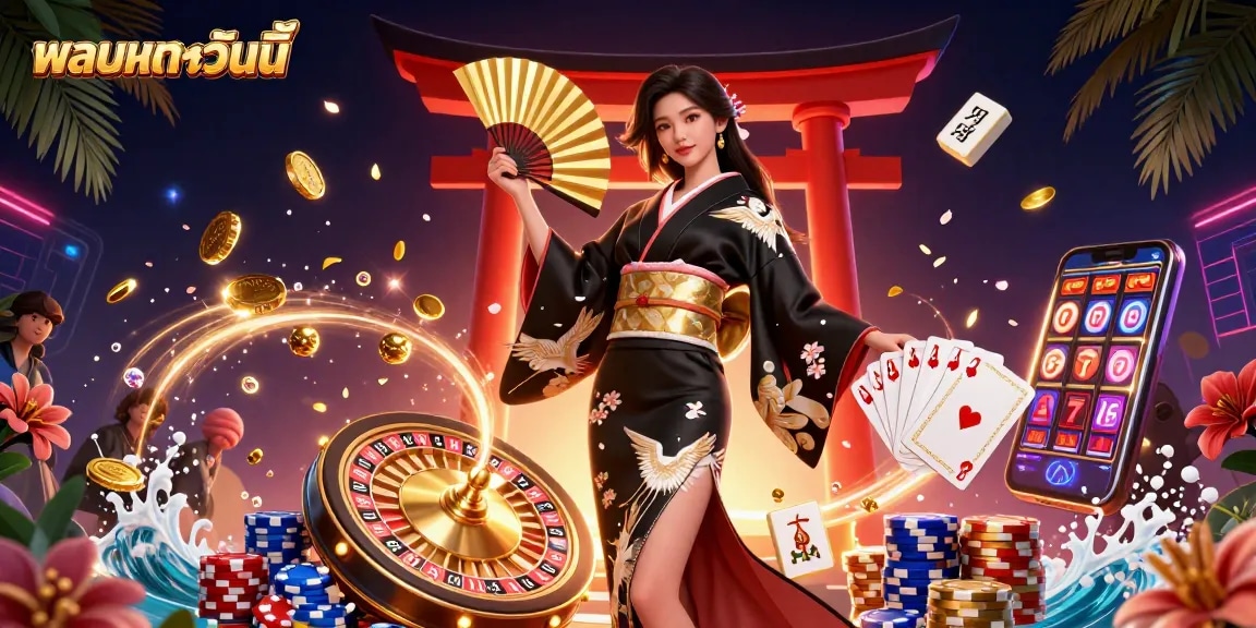 Bet on ผลบอลวันนี้ with an elegant woman in a kimono amidst golden casino elements.