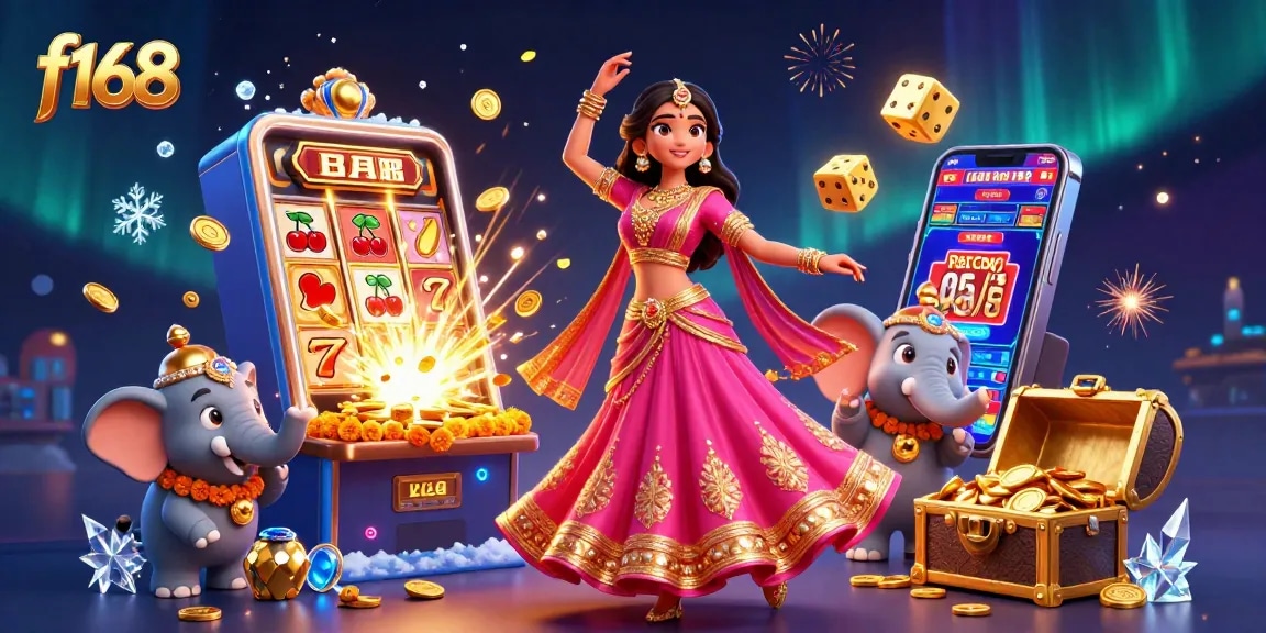 Win big with f168 in this vibrant casino scene featuring a colorful slot explosion.