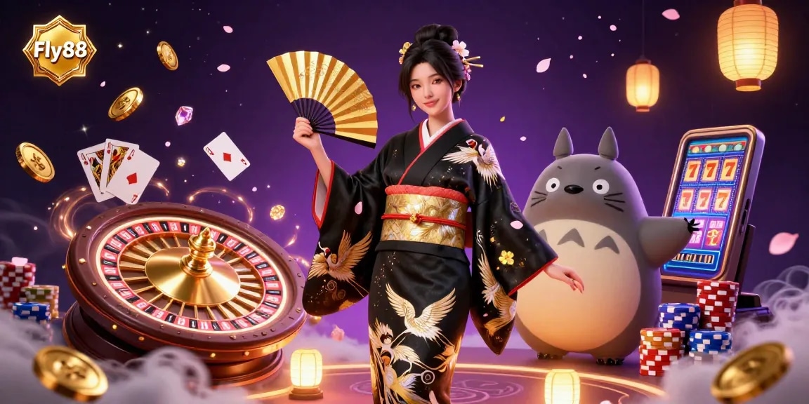 Experience the thrill of Fly88 with a captivating casino scene featuring an Asian woman in a kimono and casino elements.