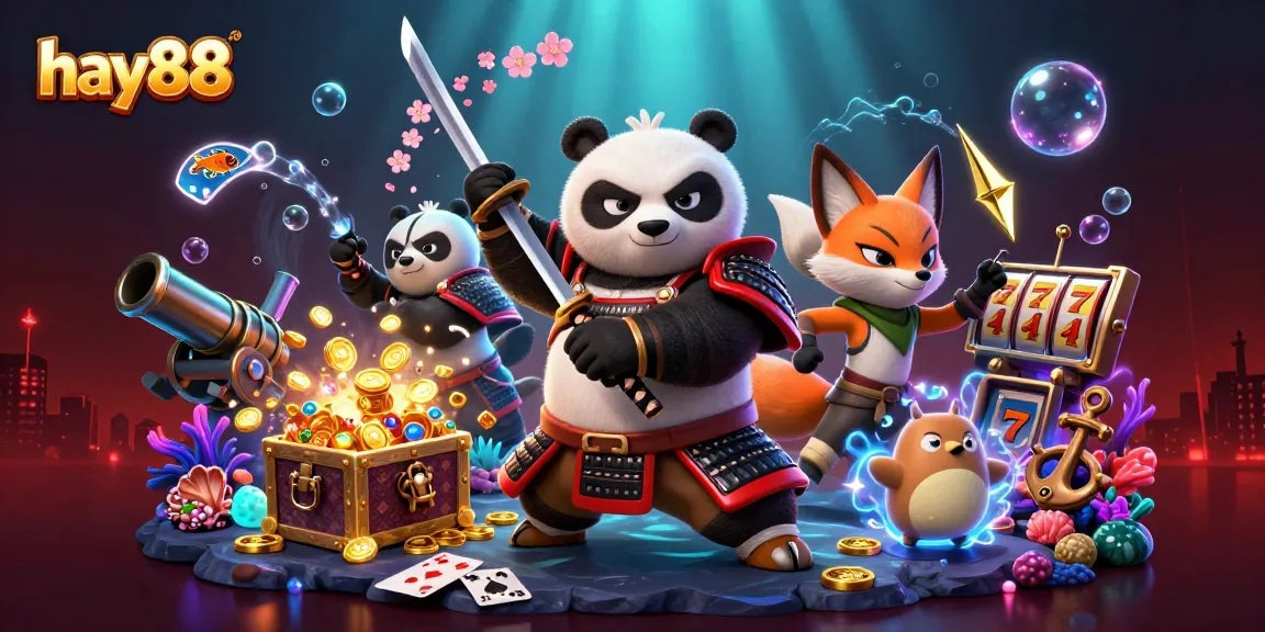 Experience thrilling action at hay88 with a vibrant 3D illustration featuring samurai, ninja, and magical creatures amidst slot games and treasure.