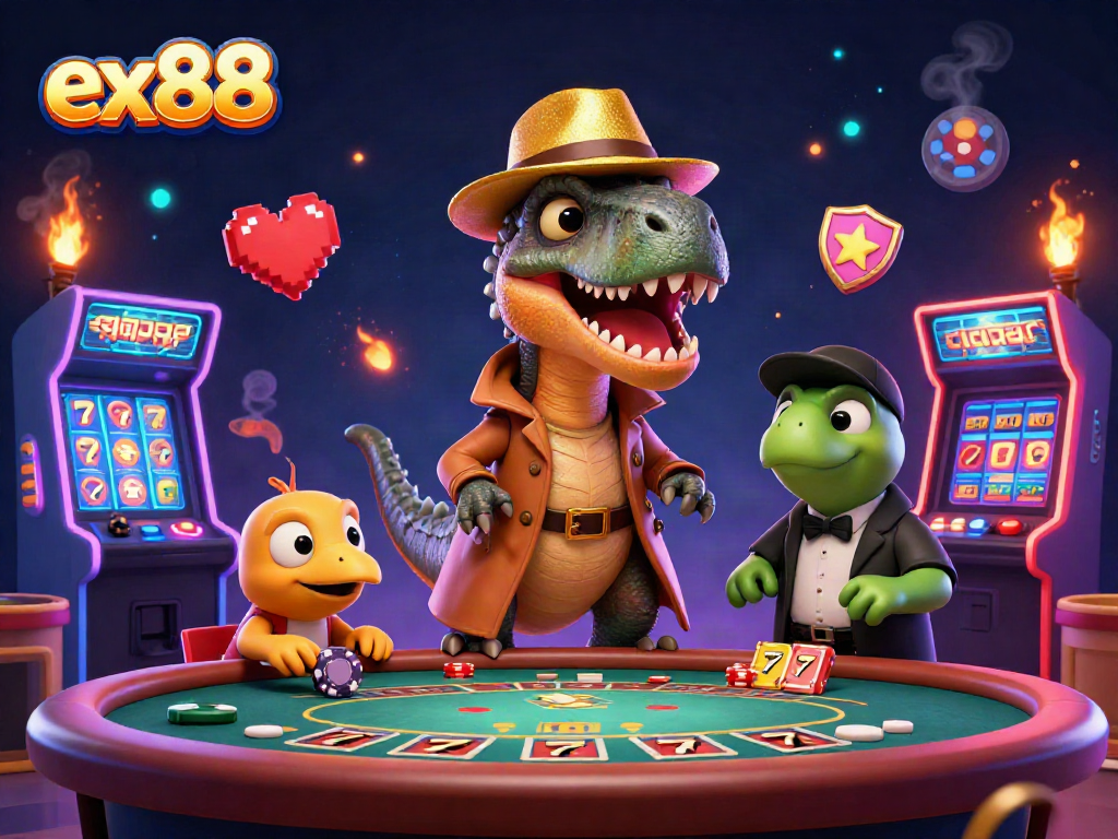 Experience ex88 casino excitement with a velociraptor at a blackjack table, surrounded by vibrant gaming elements.