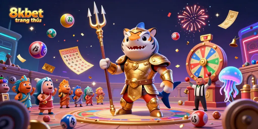 Engage with 8xbet trang chủ as a tiger shark champion leads thrilling underwater games, bursting with colorful lottery balls.