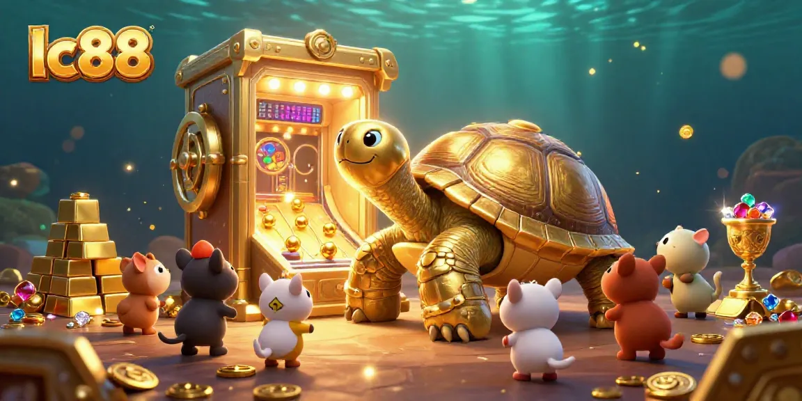 Experience thrilling lc88 gameplay with a golden tortoise pinball machine surrounded by treasures.