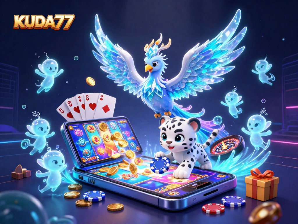 KUDA77 menghadirkan ilustrasi kasino dengan karakter 3D yang menawan dan elemen permainan menarik.