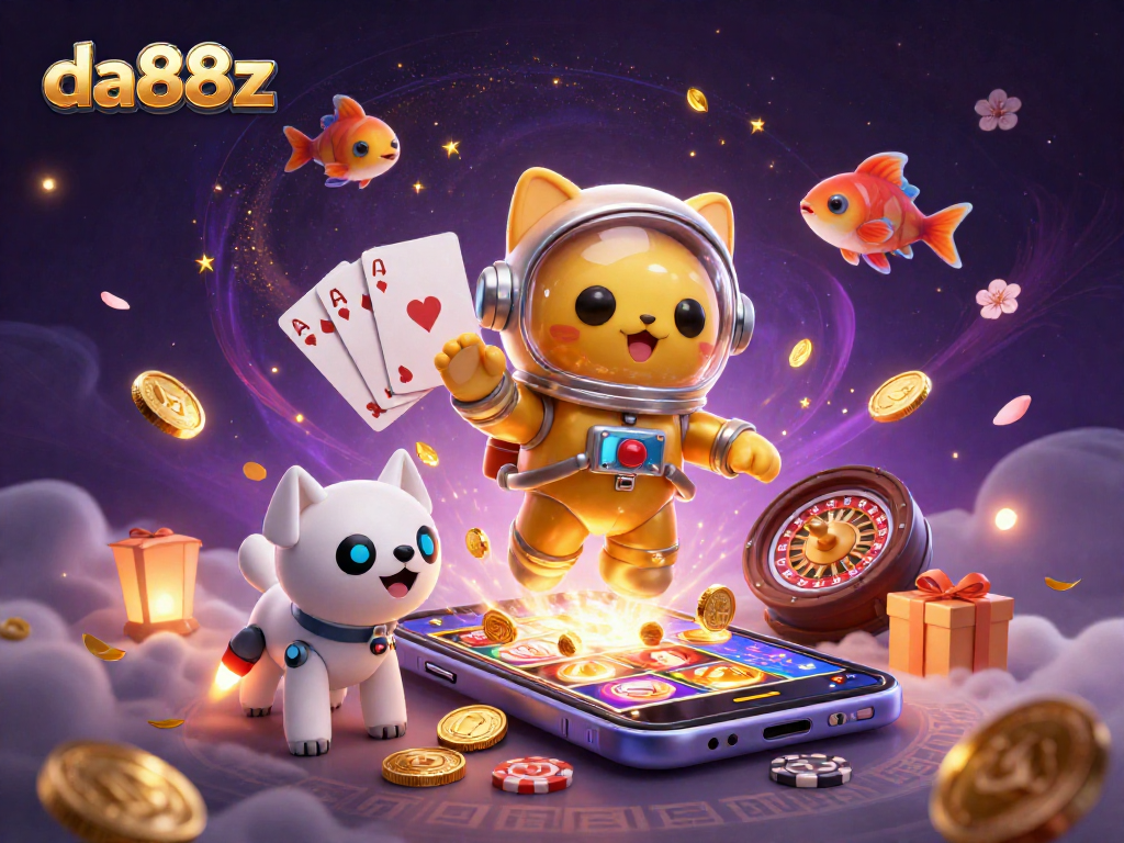 Experience thrilling slot gaming with da88z in a vibrant, dynamic 3D casino illustration.