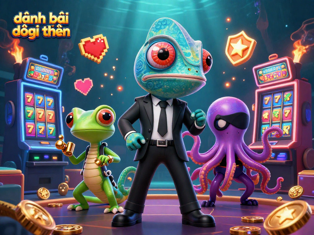 Explore đánh bài đổi thưởng in a colorful 3D casino scene with dynamic characters and gaming elements.