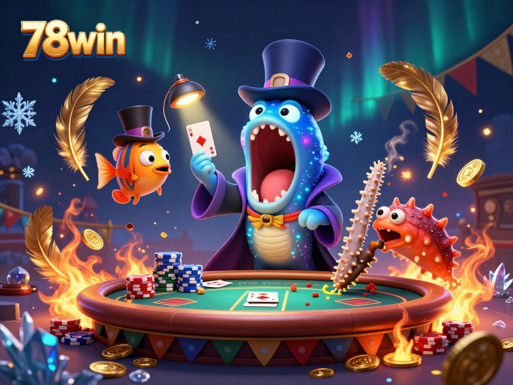 Engage with thrilling card tricks by a bioluminescent deep-sea eel at 78win's magical poker table.