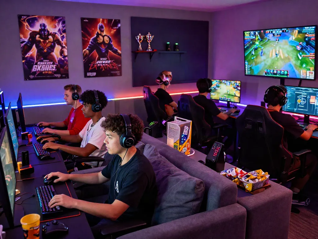 Exciting scene of khuyến mãi 78win gamers enjoying esports in a vibrant gaming lounge.