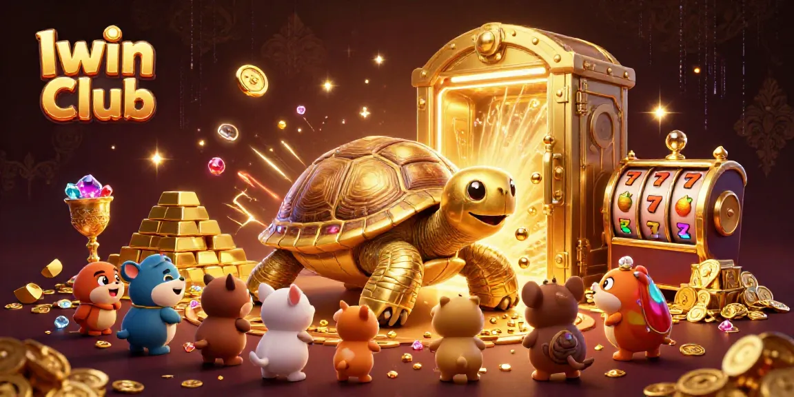 Iwin Club features a lively 3D cartoon scene with a golden tortoise pinball and animated slot elements.