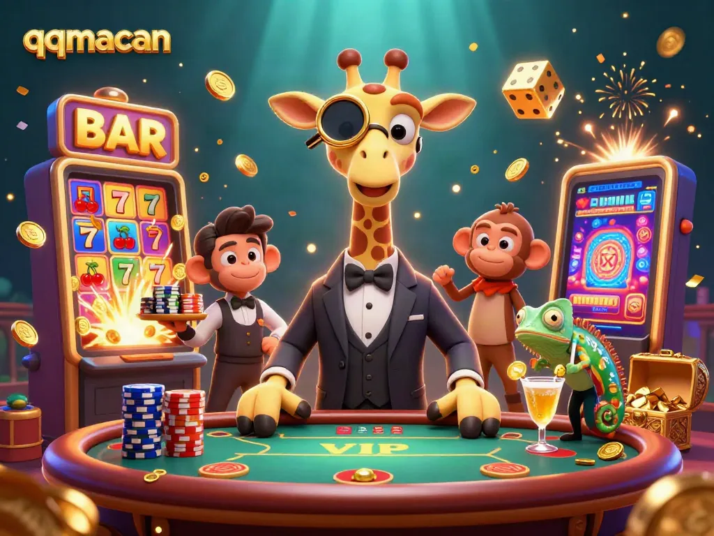 Experience big wins with QQMacan as the high-roller giraffe and friends celebrate at a VIP casino.