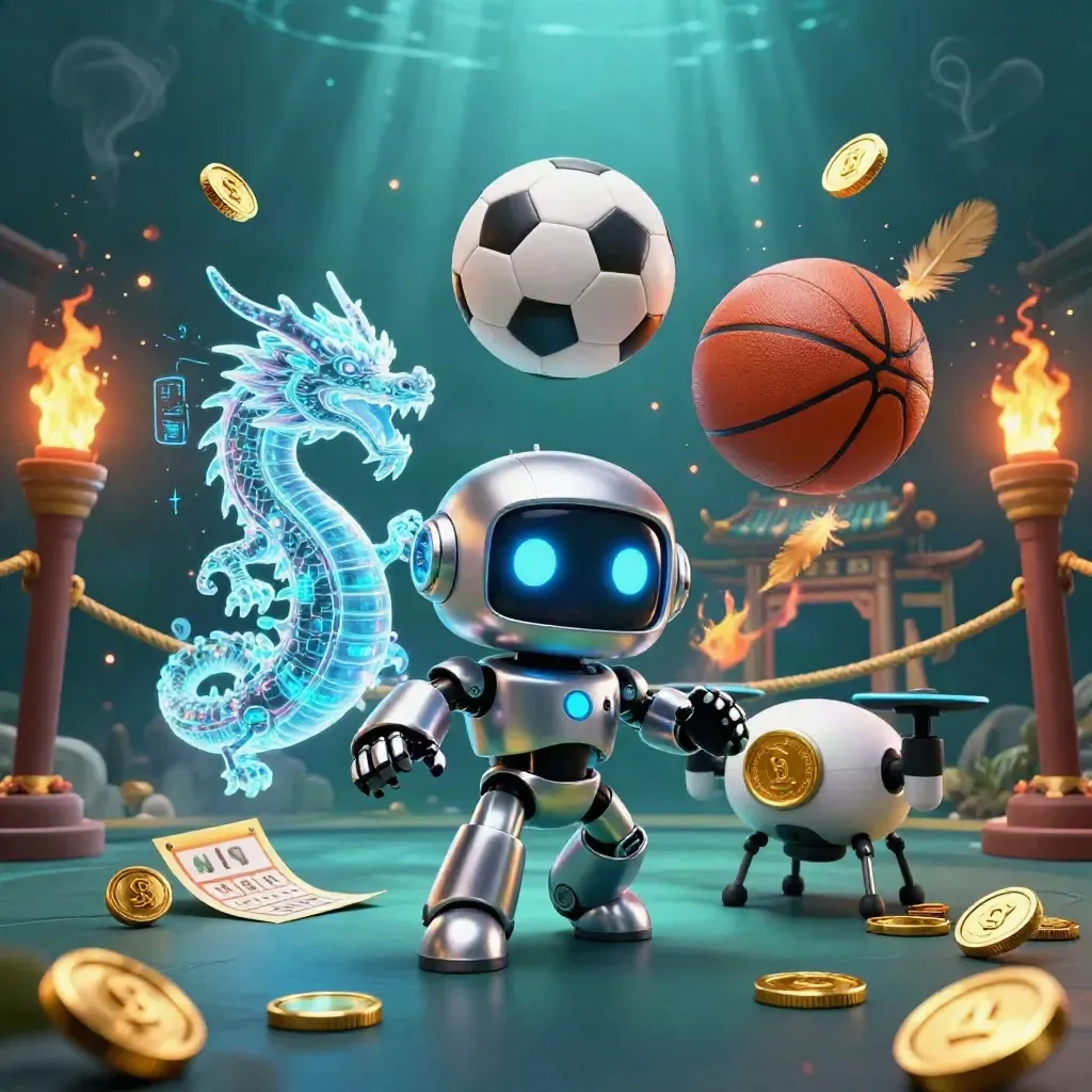 Cyberpunk robot, hologram dragon, and coin drone amid flying balls, gold coins, and torch-lit ruins