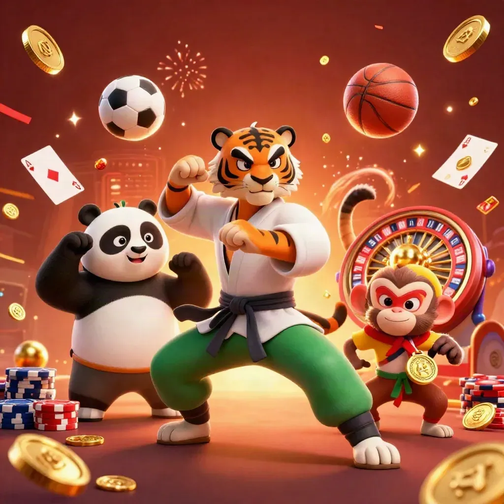 Kung-fu tiger, panda, and monkey amid flying poker chips, coins, and sports balls on a glowing arena floor.