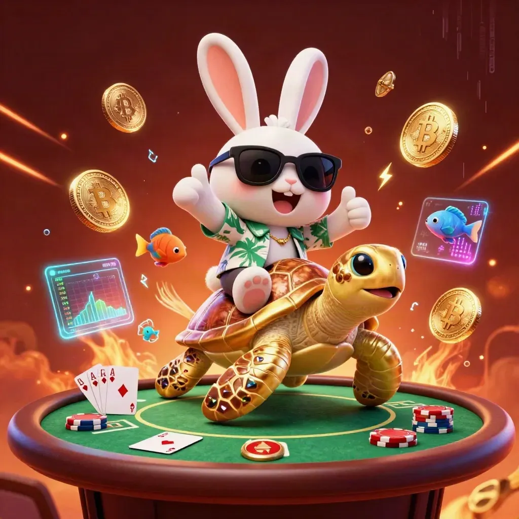 Lucky rabbit rides a golden sea turtle amid poker chips, coins, embers, and neon energy.